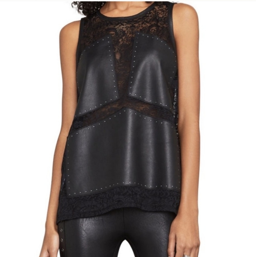 BCBGMAXAZRIA • RARE NWOT Vegan Leather and Lace Top, Size S